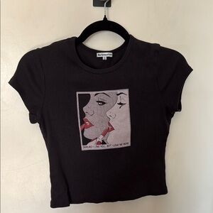 Reformation Black Ribbed Short Sleeve Tee with Pop-Art Lip Graphic